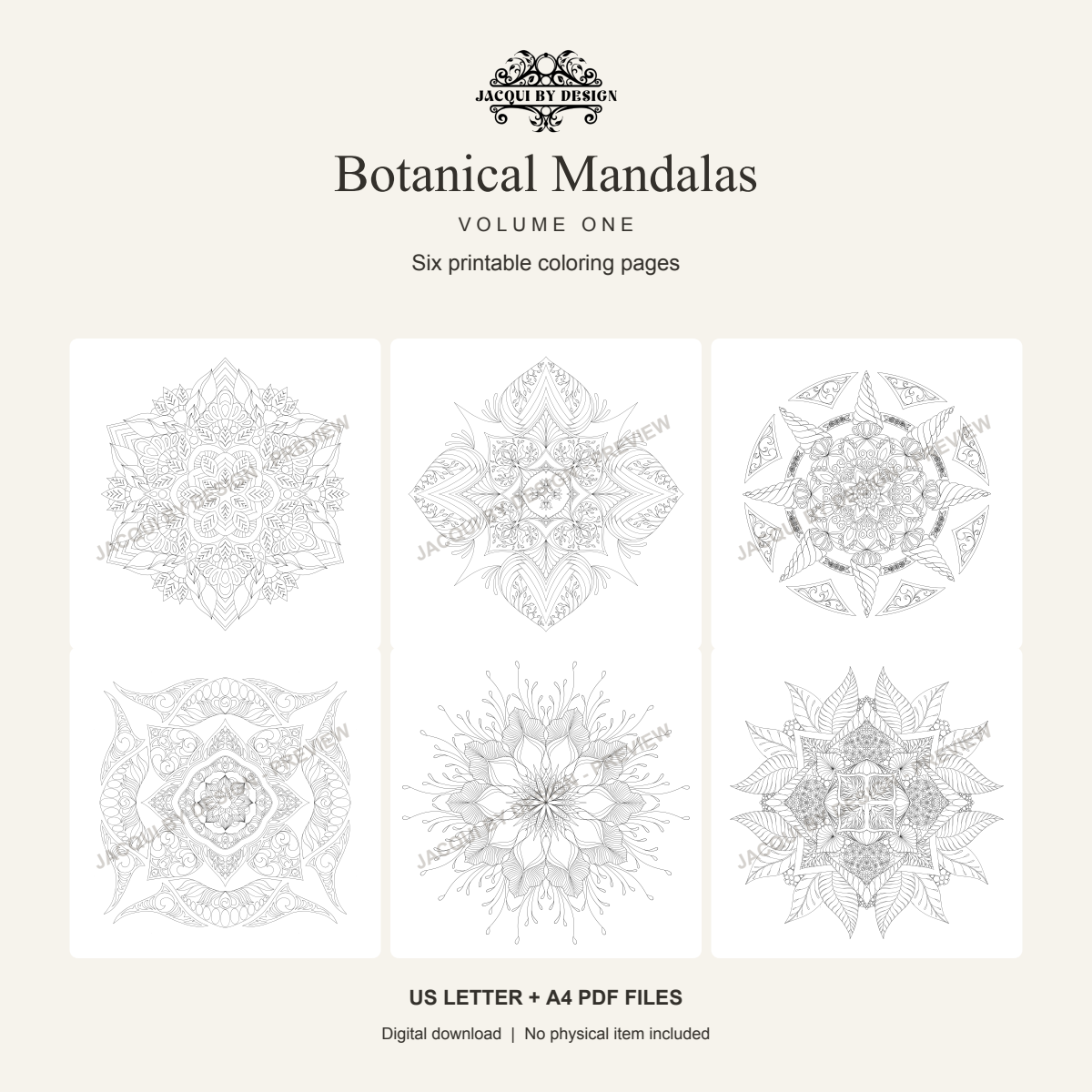 Six botanical mandala coloring designs from Volume One, shown as watermarked previews.